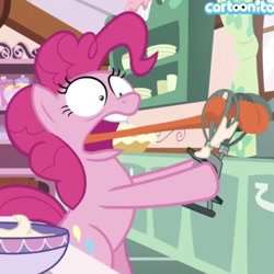 Size: 620x620 | Tagged: safe, edit, screencap, character:pinkie pie, episode:between dark and dawn, g4, my little pony: friendship is magic, batter, bowl, bug eyes, cartoonito logo, cropped, egg beater, food, sugarcube corner, tongue out, watermark