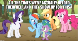 Size: 953x500 | Tagged: safe, edit, edited screencap, screencap, character:applejack, character:pinkie pie, character:rainbow dash, character:rarity, character:spike, species:dragon, episode:between dark and dawn, g4, my little pony: friendship is magic, caption, cartoonito logo, image macro, meme, slime, text, winged spike