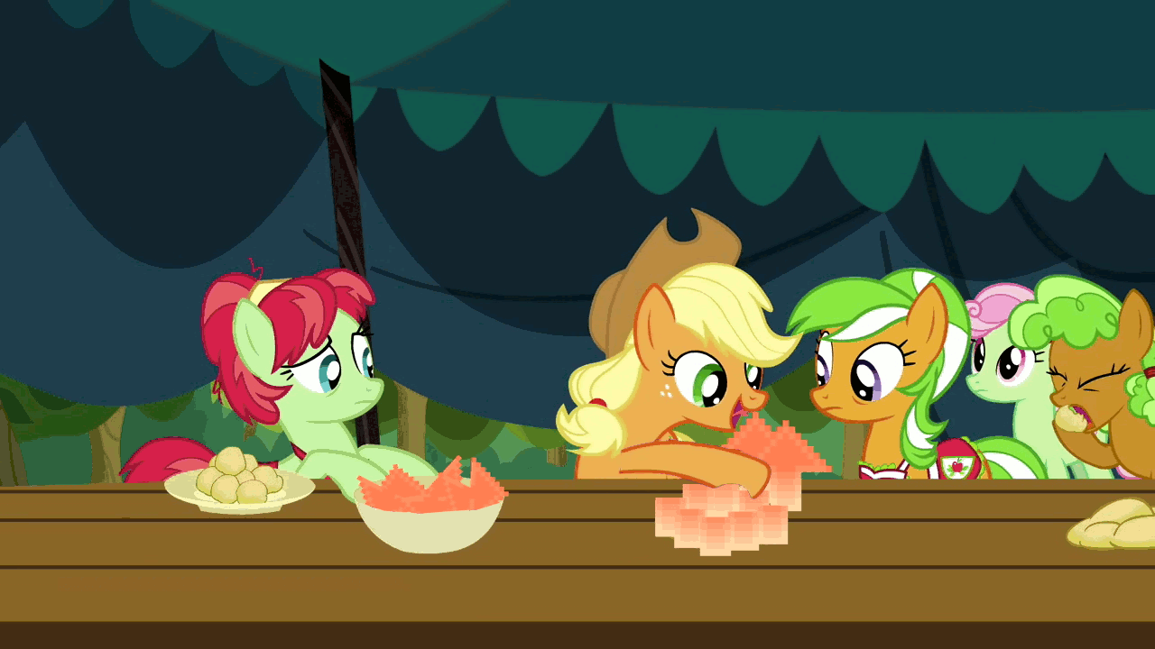 Size: 1280x720 | Tagged: safe, edit, edited screencap, screencap, character:apple brown betty, character:apple dumpling, character:apple leaves, character:applejack, character:florina tart, episode:apple family reunion, g4, my little pony: friendship is magic, animated, apple family member, karma, reddit, upvote