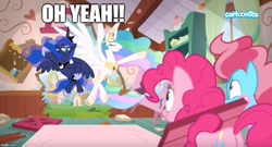 Size: 929x500 | Tagged: safe, edit, edited screencap, screencap, character:cup cake, character:pinkie pie, character:princess celestia, character:princess luna, episode:between dark and dawn, g4, my little pony: friendship is magic, caption, cartoonito logo, destruction, food, image macro, kool-aid man, meme, oh yeah, text, vandalism