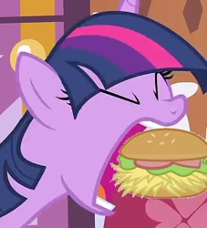 Size: 534x587 | Tagged: safe, edit, edited screencap, screencap, character:twilight sparkle, episode:green isn't your color, g4, my little pony: friendship is magic, biting, burger, cropped, female, food, open mouth, solo, twilight burgkle
