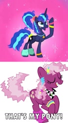 Size: 797x1442 | Tagged: safe, edit, edited screencap, screencap, character:cheerilee, character:princess luna, episode:between dark and dawn, g4, my little pony: friendship is magic, 80s, 80s cheerilee, 80s princess luna, caption, image macro, meme, text, that's my pony, that's my x