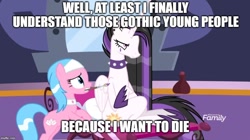Size: 888x499 | Tagged: safe, edit, edited screencap, screencap, character:aloe, character:princess celestia, species:alicorn, species:earth pony, species:pony, episode:between dark and dawn, g4, my little pony: friendship is magic, alternate hairstyle, caption, celestia is not amused, hair dye, i want to die, image macro, meme, punklestia, text, unamused
