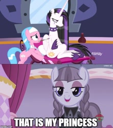 Size: 500x562 | Tagged: safe, edit, edited screencap, screencap, character:aloe, character:inky rose, character:princess celestia, species:alicorn, species:bat, species:earth pony, species:pegasus, species:pony, episode:between dark and dawn, episode:honest apple, g4, my little pony: friendship is magic, alternate hairstyle, caption, celestia is not amused, comic, cute, female, goth, hair dye, image macro, mare, meme, open mouth, punklestia, screencap comic, smiling, solo, text, that's my x, unamused, when she smiles, wings