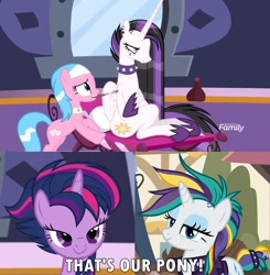 Size: 1920x1959 | Tagged: safe, edit, edited screencap, screencap, character:aloe, character:princess celestia, character:rarity, character:twilight sparkle, character:twilight sparkle (alicorn), species:alicorn, species:pony, episode:between dark and dawn, g4, my little pony: friendship is magic, alternate hairstyle, caption, image macro, meme, punk, punkity, punklestia, punklight sparkle, spa pony, text, that's my pony, that's my x