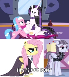 Size: 1343x1490 | Tagged: safe, edit, edited screencap, screencap, character:aloe, character:fluttershy, character:inky rose, character:princess celestia, episode:between dark and dawn, g4, my little pony: friendship is magic, caption, fluttergoth, goth, image macro, meme, punklestia, text, that's my pony, that's my x