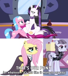 Size: 1343x1490 | Tagged: safe, edit, edited screencap, screencap, character:aloe, character:fluttershy, character:inky rose, character:princess celestia, species:pony, episode:between dark and dawn, episode:fake it 'til you make it, g4, my little pony: friendship is magic, fluttergoth, goth, meme, punklestia, spa pony, that's my pony, that's my x