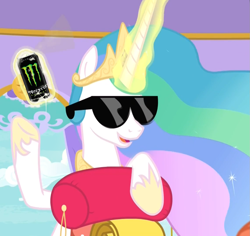 Size: 1141x1079 | Tagged: safe, edit, edited screencap, screencap, character:princess celestia, species:alicorn, species:pony, episode:between dark and dawn, g4, my little pony: friendship is magic, boomer, cloud, cropped, female, meme, monster energy, sleeping bag, solo, sunglasses, window