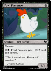Size: 375x523 | Tagged: safe, edit, edited screencap, screencap, species:bird, species:chicken, episode:between dark and dawn, g4, my little pony: friendship is magic, alektorophobia, anima, ccg, magic the gathering, pure unfiltered evil, solo, trading card, trading card edit