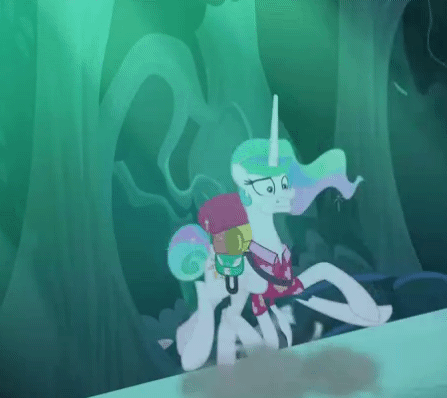 Size: 447x398 | Tagged: safe, edit, edited screencap, screencap, character:princess celestia, species:bird, species:chicken, species:pony, episode:between dark and dawn, g4, my little pony: friendship is magic, abandon thread, animated, cropped, female, forest, i'm out, mare, scared