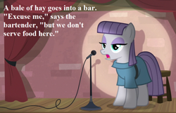 Size: 924x594 | Tagged: safe, edit, edited screencap, screencap, character:maud pie, species:earth pony, species:pony, episode:the maud couple, g4, my little pony: friendship is magic, cropped, joke, maud the comedian, microphone, pun, speech, spotlight