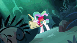 Size: 1920x1080 | Tagged: safe, edit, screencap, character:princess celestia, species:pony, episode:between dark and dawn, g4, my little pony: friendship is magic, animated, clothing, cute, dreamworks, female, mare, ponytail, shirt, shrek, sound, tree, tree branch, webm