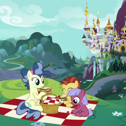 Size: 840x840 | Tagged: safe, edit, edited screencap, screencap, character:lemon crumble, species:earth pony, species:pony, episode:between dark and dawn, g4, my little pony: friendship is magic, basket, candy wave, canterlot, cloud, colt, cropped, female, filly, foal, food, friendship student, gooseberry, male, mare, mountain, not bon bon, picnic, picnic basket, picnic blanket, sandwich