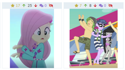 Size: 440x247 | Tagged: safe, edit, screencap, character:fluttershy, character:microchips, character:octavia melody, character:sandalwood, derpibooru, episode:i'm on a yacht, episode:the last drop, g4, my little pony: equestria girls, my little pony:equestria girls, spoiler:choose your own ending (season 2), spoiler:eqg series (season 2), dancing, feet, glasses, juxtaposition, legs, male, male feet, meta, the last drop: fluttershy, valhallen