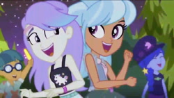 Size: 1280x721 | Tagged: safe, edit, edited screencap, screencap, character:frosty orange, episode:the last drop, g4, my little pony: equestria girls, my little pony:equestria girls, spoiler:choose your own ending (season 2), spoiler:eqg series (season 2), background human, clothing, doodle bug, female, glasses, glowstick, male, sleeveless, snow flower, space camp (character), tank top