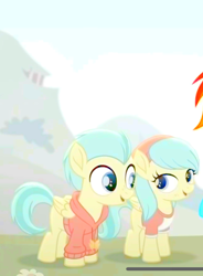 Size: 608x828 | Tagged: safe, edit, edited screencap, screencap, character:barley barrel, character:pickle barrel, character:rainbow dash, species:pegasus, species:pony, friendship is magic: rainbow roadtrip, g4, my little pony: friendship is magic, barrel twins, clothing, colt, cropped, female, filly, hoodie, male, shirt, siblings, twins