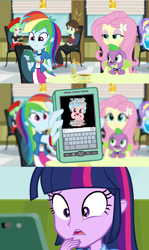 Size: 1280x2142 | Tagged: safe, edit, edited screencap, screencap, character:aqua blossom, character:cozy glow, character:drama letter, character:fluttershy, character:rainbow dash, character:spike, character:twilight sparkle, character:watermelody, species:dog, species:pegasus, species:pony, equestria girls:rainbow rocks, g4, my little pony: equestria girls, my little pony:equestria girls, background human, female, filly, rainbow dash phone meme, rainbow dash's phone, spike the dog