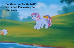 Size: 657x430 | Tagged: safe, edit, edited screencap, screencap, character:sweet stuff, episode:sweet stuff and the treasure hunt, g1, my little pony 'n friends, ball, dialogue, pun, river, stream