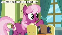 Size: 800x450 | Tagged: safe, edit, edited screencap, screencap, character:cheerilee, species:earth pony, species:pony, episode:a flurry of emotions, g4, my little pony: friendship is magic, book, caption, children's book, female, frog and toad, image macro, ponyville schoolhouse, reading, school, solo, text, window