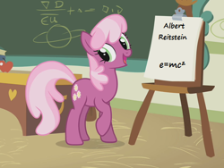 Size: 512x384 | Tagged: safe, edit, edited screencap, screencap, character:cheerilee, episode:call of the cutie, g4, my little pony: friendship is magic, apple, chalkboard, cheeribetes, cropped, cute, e=mc^2, easel, food, text