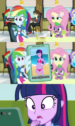 Size: 1280x2142 | Tagged: safe, edit, edited screencap, screencap, character:aqua blossom, character:drama letter, character:fluttershy, character:rainbow dash, character:spike, character:twilight sparkle, character:watermelody, species:dog, equestria girls:rainbow rocks, g4, my little pony: equestria girls, my little pony:equestria girls, background human, bikini, cellphone, clothing, comic, phone, rainbow dash phone meme, rainbow dash's phone, screencap comic, smartphone, spike the dog, spike's dog collar, swimsuit