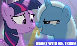 Size: 828x500 | Tagged: safe, edit, edited screencap, screencap, character:trixie, character:twilight sparkle, character:twilight sparkle (alicorn), species:alicorn, species:pony, ship:twixie, episode:no second prances, g4, my little pony: friendship is magic, caption, engrish, female, image macro, lesbian, meme, shipping, text, trixie yells at everything