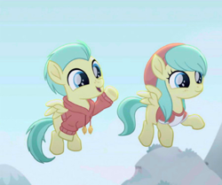 Size: 450x377 | Tagged: safe, edit, edited screencap, screencap, character:barley barrel, character:pickle barrel, species:pegasus, species:pony, friendship is magic: rainbow roadtrip, g4, my little pony: friendship is magic, barrel twins, beanie, clothing, colt, cropped, female, filly, hat, hoodie, male, shirt, siblings, twins