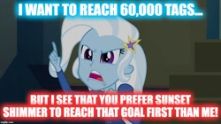 Size: 896x500 | Tagged: safe, edit, edited screencap, screencap, character:sunset shimmer, character:trixie, derpibooru, equestria girls:rainbow rocks, g4, my little pony: equestria girls, my little pony:equestria girls, angry, grammar error, image macro, impact font, implied sunset shimmer, meme, meta, tags, text, trixie yells at everything, yelling