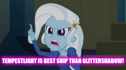 Size: 896x500 | Tagged: safe, edit, edited screencap, screencap, character:trixie, equestria girls:rainbow rocks, g4, my little pony: equestria girls, my little pony:equestria girls, engrish, female, grammar error, image macro, implied glittershadow, implied lesbian, implied shipping, implied tempestlight, meme, solo, text, trixie yells at everything