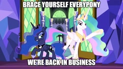 Size: 887x500 | Tagged: safe, edit, edited screencap, screencap, character:princess celestia, character:princess luna, species:alicorn, species:pony, episode:between dark and dawn, g4, my little pony: friendship is magic, caption, female, image macro, siblings, sisters, text