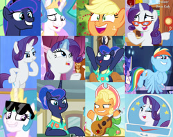 Size: 1897x1512 | Tagged: safe, edit, edited screencap, screencap, character:applejack, character:princess celestia, character:princess luna, character:rainbow dash, character:rarity, species:alicorn, species:earth pony, species:pegasus, species:pony, species:unicorn, episode:between dark and dawn, episode:going to seed, episode:she's all yak, episode:sparkle's seven, g4, my little pony: friendship is magic, bipedal, collage, compilation, cropped, faec, female, glasses, great moments in animation, guitar, mare, meme, one eye closed, solo, sunglasses, wink