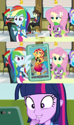 Size: 612x1024 | Tagged: safe, edit, edited screencap, screencap, character:aqua blossom, character:drama letter, character:fluttershy, character:rainbow dash, character:sophisticata, character:spike, character:sunset shimmer, character:twilight sparkle, character:watermelody, species:dog, equestria girls:forgotten friendship, equestria girls:rainbow rocks, g4, my little pony: equestria girls, my little pony:equestria girls, implied lesbian, implied shipping, implied sunsetsparkle, lip bite, meme, phone, rainbow dash phone meme, rainbow dash's phone, sophisticata, spike the dog, spike's dog collar, sunset selfie