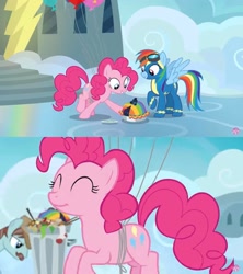 Size: 1195x1344 | Tagged: safe, edit, edited screencap, screencap, character:pinkie pie, character:rainbow dash, species:earth pony, species:pegasus, species:pony, episode:secrets and pies, g4, my little pony: friendship is magic, balloon, clothing, cloudsdale, food, janitor, meme template, pie, rainbow blueberry pie, trash, trash can, uniform, unnamed pony, wonderbolts uniform