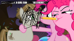 Size: 800x450 | Tagged: safe, edit, edited screencap, screencap, character:mudbriar, character:pinkie pie, episode:the maud couple, g4, my little pony: friendship is magic, caption, feminism, image macro, party cave, pencil, scribbles, technically, text