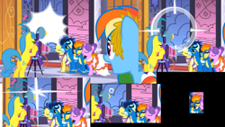 Size: 1920x1080 | Tagged: safe, edit, edited screencap, screencap, character:lemon hearts, character:north star (g4), character:rainbow dash, character:soarin', character:spitfire, species:earth pony, species:pegasus, species:pony, species:unicorn, episode:the best night ever, g4, my little pony: friendship is magic, bipedal, bipedal leaning, blinking, camera, clothing, dress, eyes closed, female, gala dress, leaning, lidded eyes, male, mare, masquerade, mid-blink screencap, stallion, uniform, wonderbolts uniform