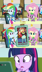 Size: 1280x2142 | Tagged: safe, edit, edited screencap, screencap, character:aqua blossom, character:drama letter, character:fluttershy, character:rainbow dash, character:spike, character:sunset shimmer, character:twilight sparkle, character:watermelody, species:dog, episode:game stream, equestria girls:rainbow rocks, g4, my little pony: equestria girls, my little pony:equestria girls, spoiler:eqg series (season 2), comic, gamer sunset, psycho gamer sunset, rage, rainbow dash phone meme, screencap comic, spike the dog, sunset shimmer frustrated at game