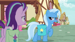 Size: 1280x720 | Tagged: safe, edit, edited screencap, screencap, character:starlight glimmer, character:trixie, species:pony, species:unicorn, ship:startrix, episode:student counsel, 80s, angry, animated, boop, cute, duo, female, flirting, glare, lesbian, madonna, music, nervous, noseboop, open your heart, ponyville, saddle bag, shipping, singing, song, song reference, sound, sound edit, unamused, webm