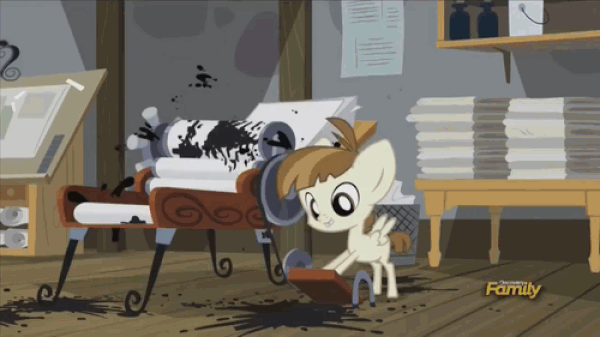 Size: 600x337 | Tagged: safe, edit, screencap, character:featherweight, species:pony, episode:slice of life, g4, my little pony: friendship is magic, animated, discovery family, discovery family logo, fail, ink, printing press, solo