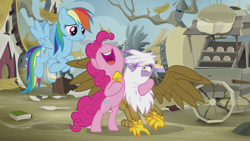 Size: 1920x1080 | Tagged: safe, edit, edited screencap, screencap, character:gilda, character:pinkie pie, character:rainbow dash, species:earth pony, species:griffon, species:pegasus, species:pony, episode:the lost treasure of griffonstone, g4, my little pony: friendship is magic, bandage, beak, beakless, book, cartoon physics, dweeb, got your nose, griffon scone, griffonstone, i have no mouth and i must scream, modular, no mouth, wat