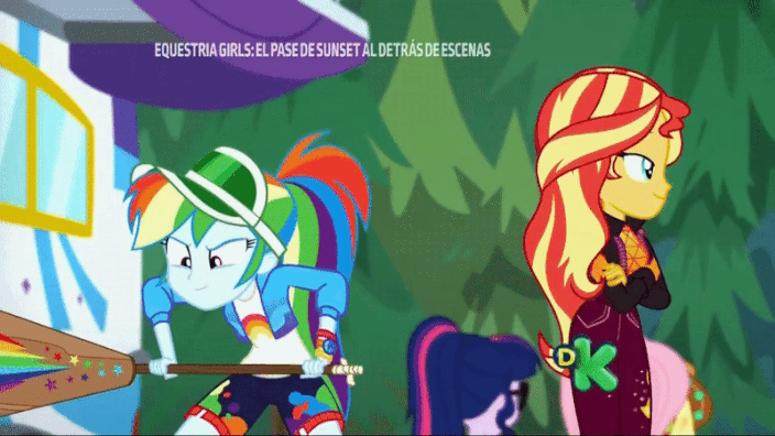 Size: 704x396 | Tagged: safe, edit, screencap, character:applejack, character:fluttershy, character:rainbow dash, character:sunset shimmer, character:twilight sparkle, character:twilight sparkle (scitwi), species:eqg human, equestria girls:sunset's backstage pass, g4, my little pony: equestria girls, my little pony:equestria girls, spoiler:eqg series (season 2), accident, accidental spanking, angry, animated, annoyed, carrying, discovery kids, dodge, edited gif, excited, eyes closed, gif, guitar, journal, large filesize, music festival outfit, musical instrument, ouch, outdoors, running, rv, shocked, slap, smack, smack dat ass, smiling, spanking, surprised, swing, time loop, tree, walking, wince