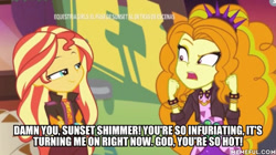 Size: 600x335 | Tagged: safe, edit, edited screencap, screencap, character:adagio dazzle, character:sunset shimmer, ship:sunsagio, equestria girls:sunset's backstage pass, g4, my little pony: equestria girls, my little pony:equestria girls, spoiler:eqg series (season 2), female, lesbian, music festival outfit, shipping