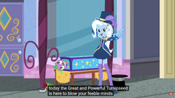 Size: 3840x2160 | Tagged: safe, edit, edited screencap, screencap, character:spike, character:spike (dog), character:trixie, species:dog, episode:street magic with trixie, g4, my little pony: equestria girls, my little pony:equestria girls, spoiler:eqg series (season 2), caption, female, male, meme, youtube caption