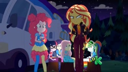 Size: 1728x972 | Tagged: safe, edit, edited screencap, screencap, character:applejack, character:fluttershy, character:pinkie pie, character:rainbow dash, character:rarity, character:sunset shimmer, character:twilight sparkle, character:twilight sparkle (scitwi), species:eqg human, equestria girls:sunset's backstage pass, g4, my little pony: equestria girls, my little pony:equestria girls, spoiler:eqg series (season 2), clothing, geode of empathy, geode of sugar bombs, humane five, humane seven, humane six, magical geodes, night, night sky, pantyhose, shrunken pupils, sky