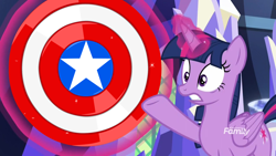 Size: 1920x1080 | Tagged: safe, edit, edited screencap, screencap, character:twilight sparkle, character:twilight sparkle (alicorn), species:alicorn, species:pony, episode:sounds of silence, g4, my little pony: friendship is magic, captain america, female, glowing horn, horn, magic, mare, marvel comics, shield, telekinesis