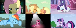 Size: 1024x384 | Tagged: safe, edit, screencap, character:applejack, character:fluttershy, character:pinkie pie, character:rainbow dash, character:rarity, character:twilight sparkle, species:earth pony, species:pegasus, species:pony, species:unicorn, episode:a canterlot wedding, episode:party of one, episode:putting your hoof down, g4, my little pony: friendship is magic, carousel boutique, cloud, crying, fluttershy's cottage, mane six, sad