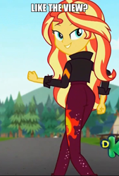Size: 600x886 | Tagged: safe, edit, edited screencap, screencap, character:sunset shimmer, equestria girls:sunset's backstage pass, g4, my little pony: equestria girls, my little pony:equestria girls, spoiler:eqg series (season 2), ass, bronybait, bunset shimmer, butt, cropped, female, like what you see?, looking at you, looking back, looking back at you, music festival outfit, smiling, solo