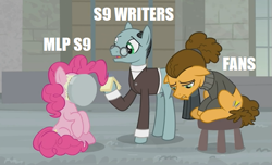 Size: 599x364 | Tagged: safe, edit, edited screencap, screencap, character:cheese sandwich, character:pinkie pie, character:sans smirk, species:earth pony, species:pony, episode:the last laugh, g4, my little pony: friendship is magic, season 9, bald, clothing, cream pie, drama bait, female, male, mare, metaphor, op is a duck, op is trying to start shit, pied, stallion, suit, sweater