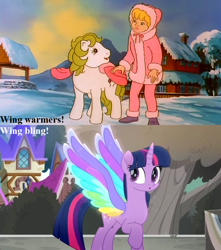 Size: 750x850 | Tagged: safe, edit, edited screencap, screencap, character:megan williams, character:surprise, character:twilight sparkle, character:twilight sparkle (alicorn), species:alicorn, species:pony, episode:baby it's cold outside, friendship is magic: rainbow roadtrip, g1, g4, my little pony 'n friends, my little pony: friendship is magic, adoraprise, clothing, coat, colored wings, comparison, cropped, cute, farmhouse, hope hollow, multicolored wings, parka, rainbow wings, snow, text, tree, twiabetes, well, wing bling, wing warmers, wings
