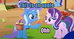 Size: 604x320 | Tagged: safe, edit, edited screencap, screencap, character:lemon hearts, character:minuette, character:starlight glimmer, character:trixie, species:pony, species:unicorn, friendship is magic: rainbow roadtrip, g4, my little pony: friendship is magic, apple, captain obvious, cropped, female, food, mare, no shit sherlock, saddle bag, silly, silly pony