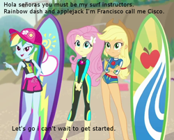 Size: 896x720 | Tagged: safe, edit, edited screencap, screencap, character:applejack, character:fluttershy, character:rainbow dash, episode:blue crushed (a.k.a baewatch), g4, my little pony: equestria girls, my little pony:equestria girls, cropped, geode of fauna, geode of super speed, geode of super strength, magical geodes, offscreen character, pov, surfboard, text, text edit, wetsuit